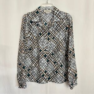 Vintage 90s DonnKenny Women's Diamond Abstract Print Shirt in Grey sz M